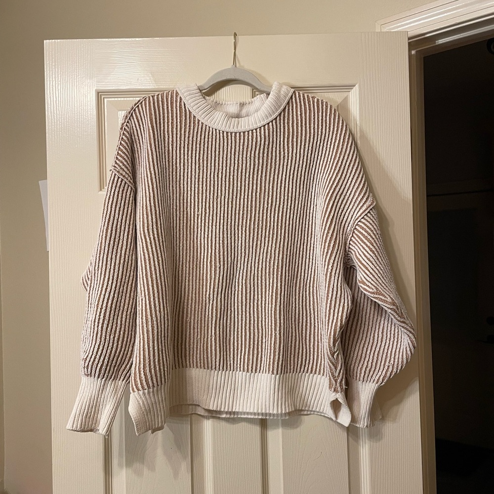 Aerie Beyone Chenille Tan Striped Crewneck Sweater
